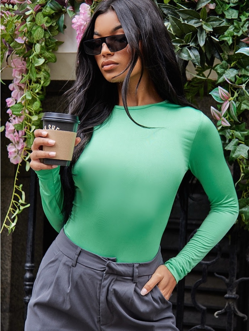 PLT PrettyLittleThing Basic Green Slinky Long Sleeve Bodysuit